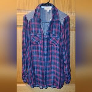 VINTAGE AMERICA BLUES MEDIUM/LARGE WOMENS PLAID PINKISH/RED & BLUE LIGHT FLANNEL